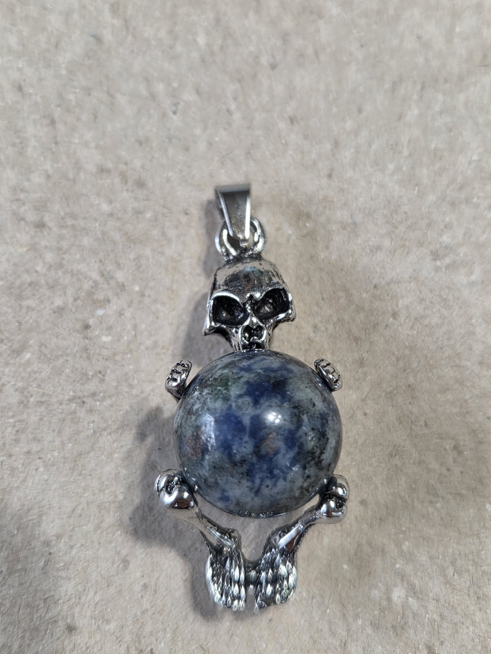Sodalite Sphere Rotating Gemstone Silver Skeleton Pendant Necklace